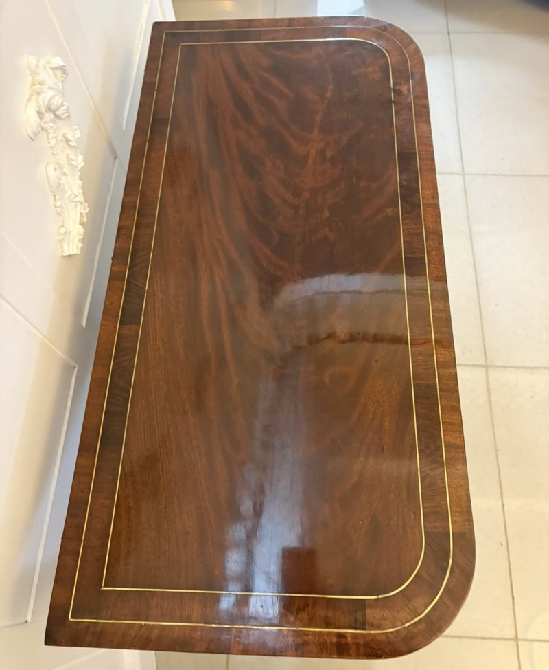 Antique English Regency Mahogany Brass Inlaid Fold Over Console Card Table - Image 16